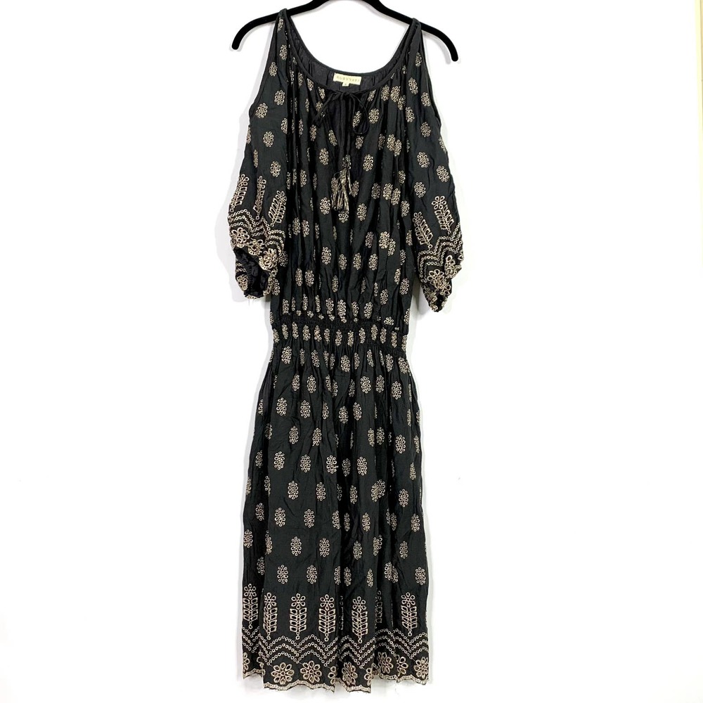 Ruby Yaya Dress Medium BOHO Gold Eyelet Stitch Cold Shoulder Smocked Waist